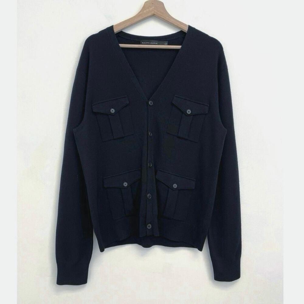 Ralph Lauren Black Label Men’s Merino Wool V-Neck Cardigan Pockets FLAWS - Large